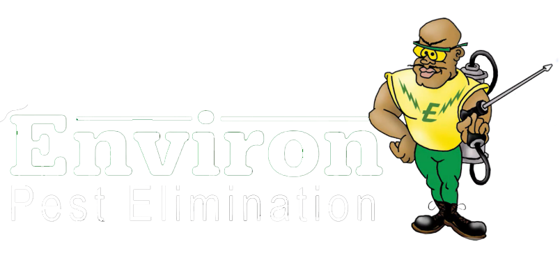 Environ Pest Elimination - logo with animated exterminator - white text - Springfield, IL